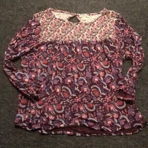 Lucky Brand Women's XL Purple Red Blue Floral Smocked Top Boho Peasant